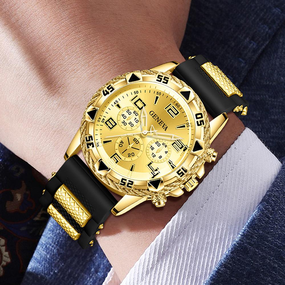 4PC Golden Men's Watch Set Fashionable and Versatile Quartz Watch Bracelet Necklace Ring Set Perfect Gift for Friends or Dad