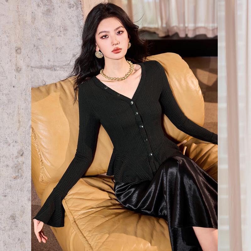 Bailuyu Elegant V-Neck Ruffle Flared Sleeve Cardigan M