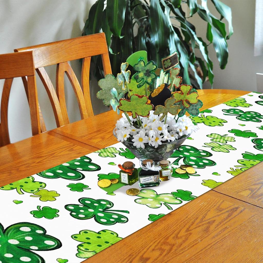 72 x 13 Inch St. Patrick's Day Table Runner Decorations, Linen Green Shamrock and Polka Dot Clover Pattern Table Runner for Irish Celebration, Home,