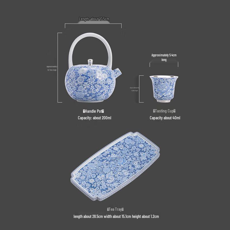 Zheng Wenqiang Masterpiece Gilded Silver Blue & White Ceramic Gongfu Tea Set