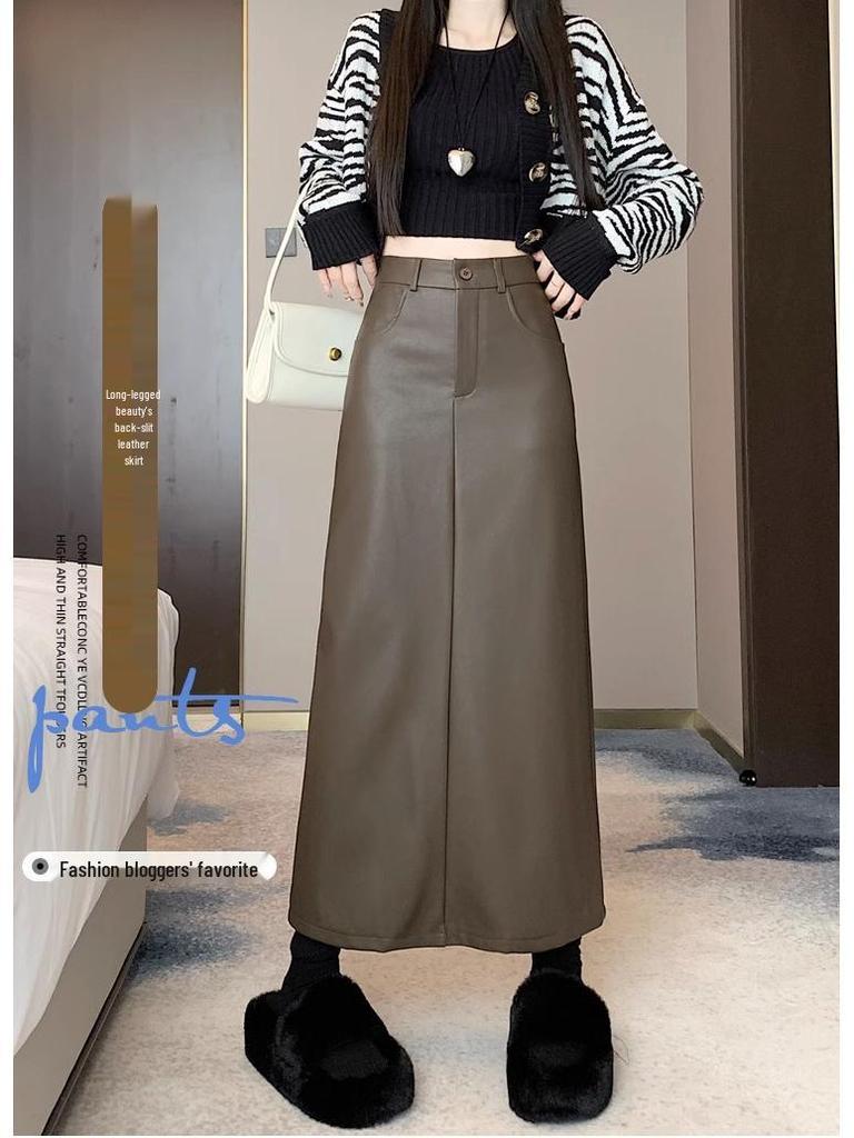 Plus Size High Waist PU Leather Midi Skirt - Retro A-Line Pencil Design with Slit for Women, Autumn/Winter Collection