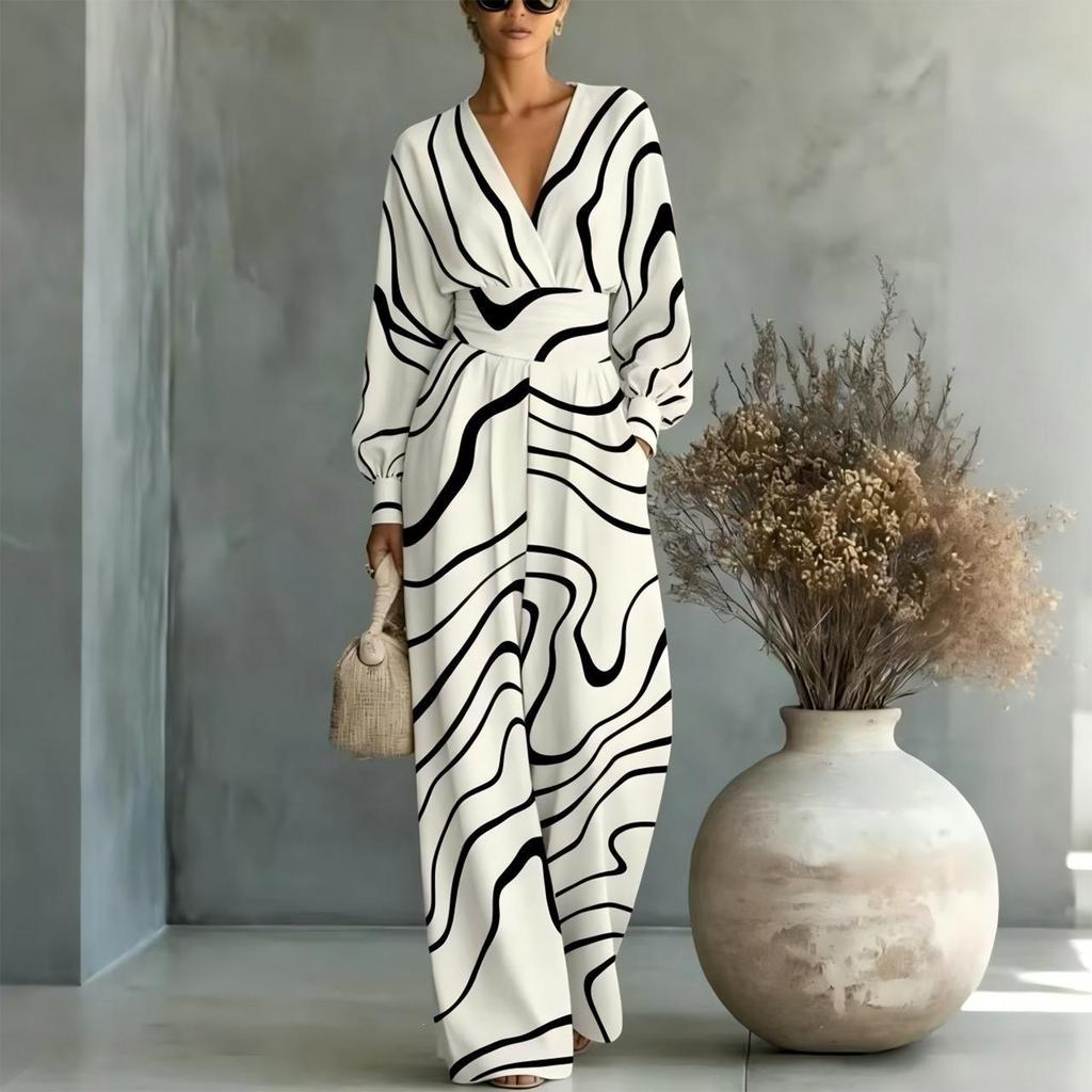 Women's Elegant V-Neck Waist-Defining Printed Jumpsuit for Evening Wear