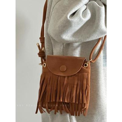 Bag Women's 2025 New Retro Handmade Imitation Suede Tassel Bag Mobile Phone Bag Versatile Shoulder Crossbody Small Square Bag