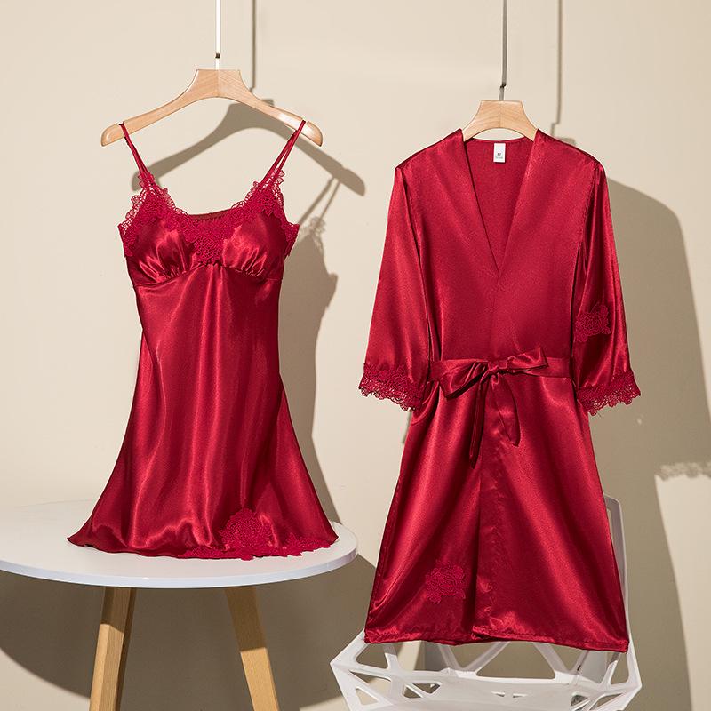Women's Five-Piece Silk Pajama Set - Sensual Padded Nightdress and Battleship Print for Spring & Summer
