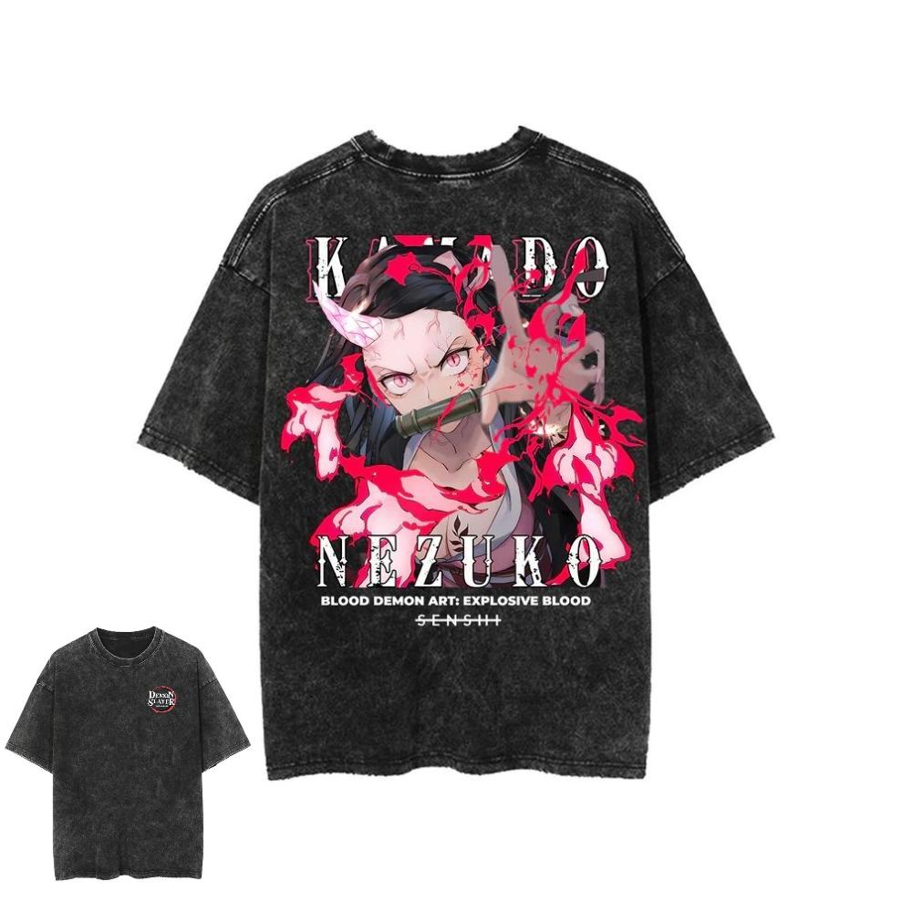 2026 Hot Sale Demon Slayer Nezuko Kamado T Shirt Vintage Washed Oversized Cotton Graphic Tees Harajuku Streetwear for Men Women