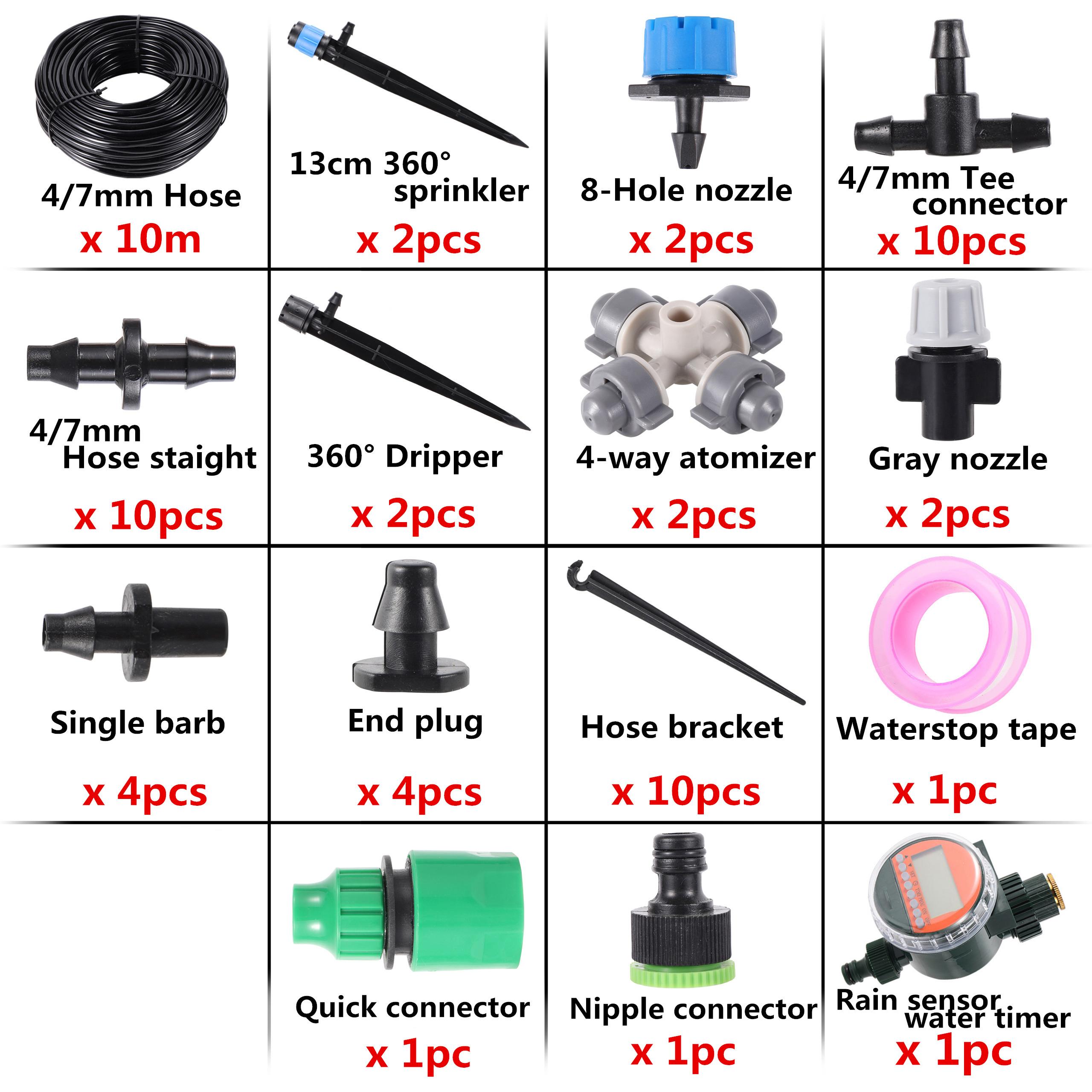 

10m To 40m 4/7mm Hose Garden Pot Irrigation Set, Automatic Programmable Watering Timer, Ground Sprinkler, Various Accessories