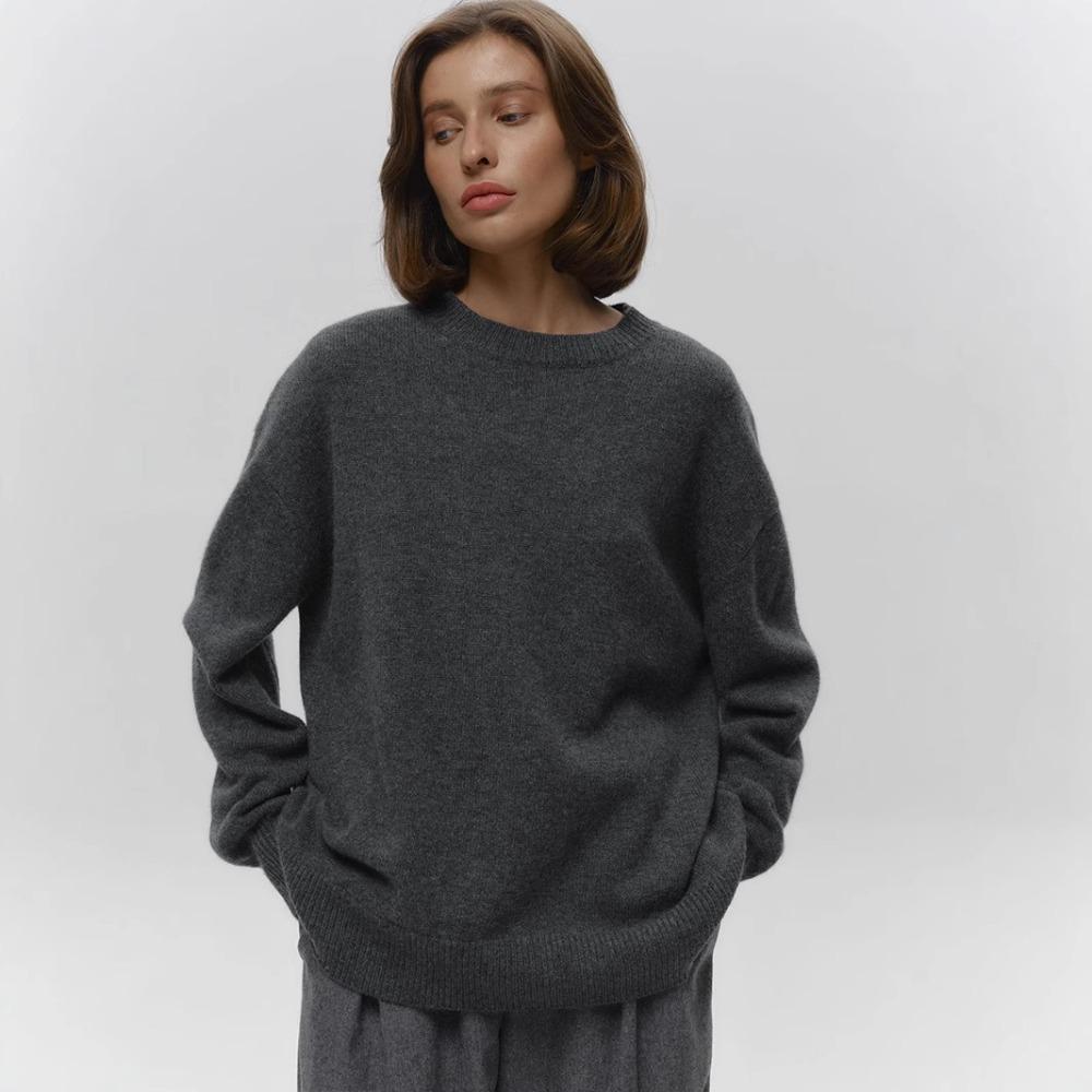 Women's Crew Neck Long Sleeve Knit Sweater Loose Fit Minimalist Casual Solid Pullover Jumper