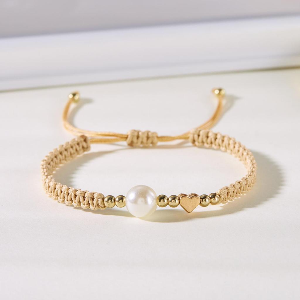 European American Handmade Woven Imitation Pearl Heart Cross Bracelet - Trendy Fashion Jewelry