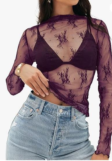 Women's Mesh Transparent Lace Layered Top Neck See-Through Shirt