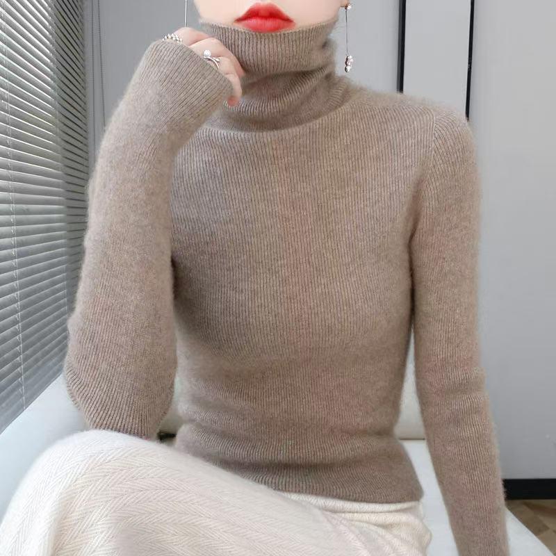 Women’s 2025 Autumn/Winter Pure Wool Sweater, Half-High Neck, Ribbed, Slim-Fit, Figure-Flattering with Cashmere Inner Layer