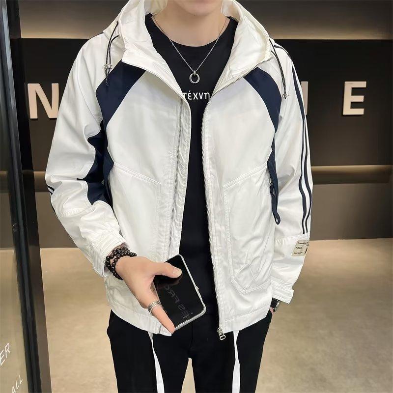 

Мужская новая универсальная полосатая куртка осенней расцветки с капюшоном, модная, красивая, свободная повседневная куртка для мужчин M