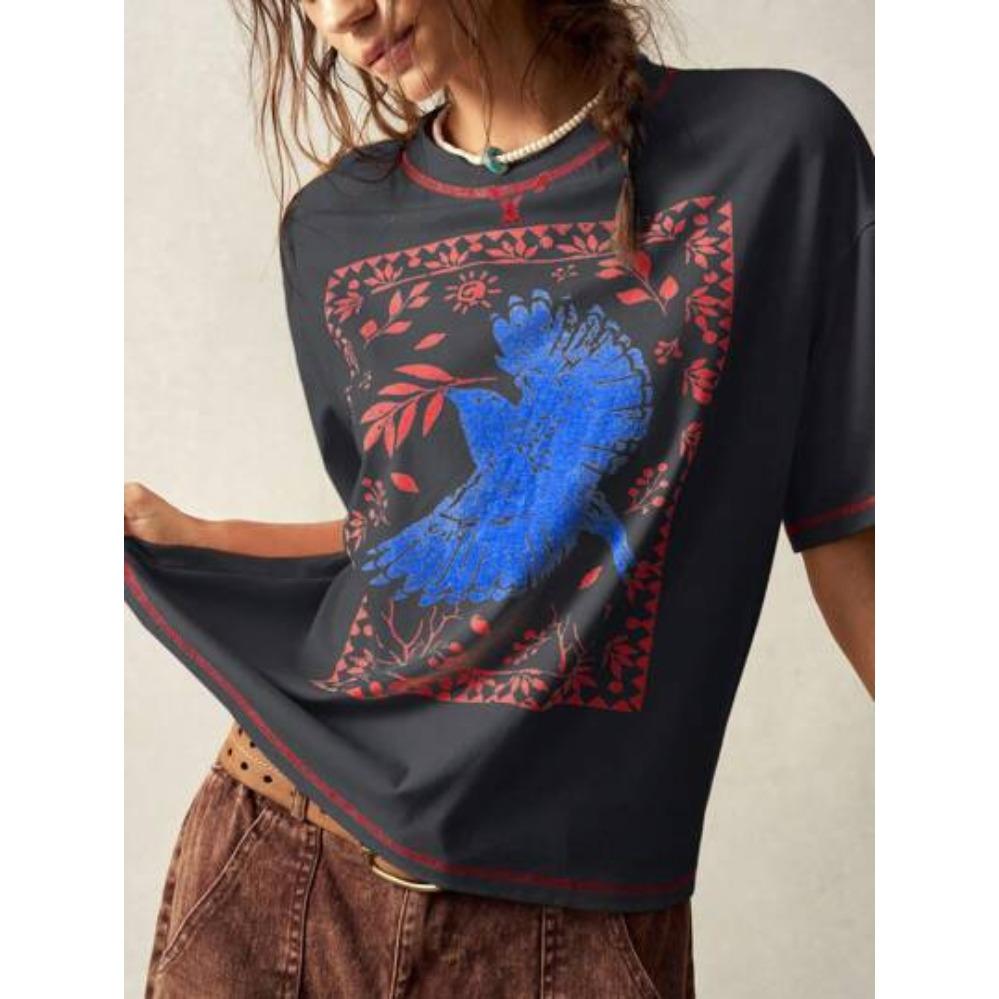 

Women s Spring and Summer Printing Round Neck Commuter Loose Short-sleeved T-shirt XL чорний