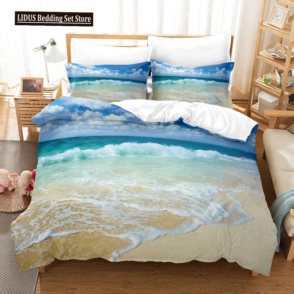 Zestaw Poszwy na Kołdrę Krajobrazowy Rozmiar King Full Letni Palmy Plaża Fale Morskie Motyw Oceaniczny Dla Dzieci Dziewczynka Chłopcy Poliestrowy Zestaw Pościeli