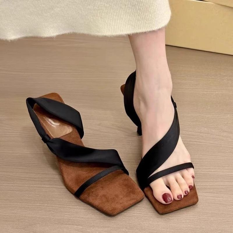 2025 New Summer Retro One-word Strap High Heels Women's Head Stiletto Open-toed Sandals French with Skirt Cool Slippers