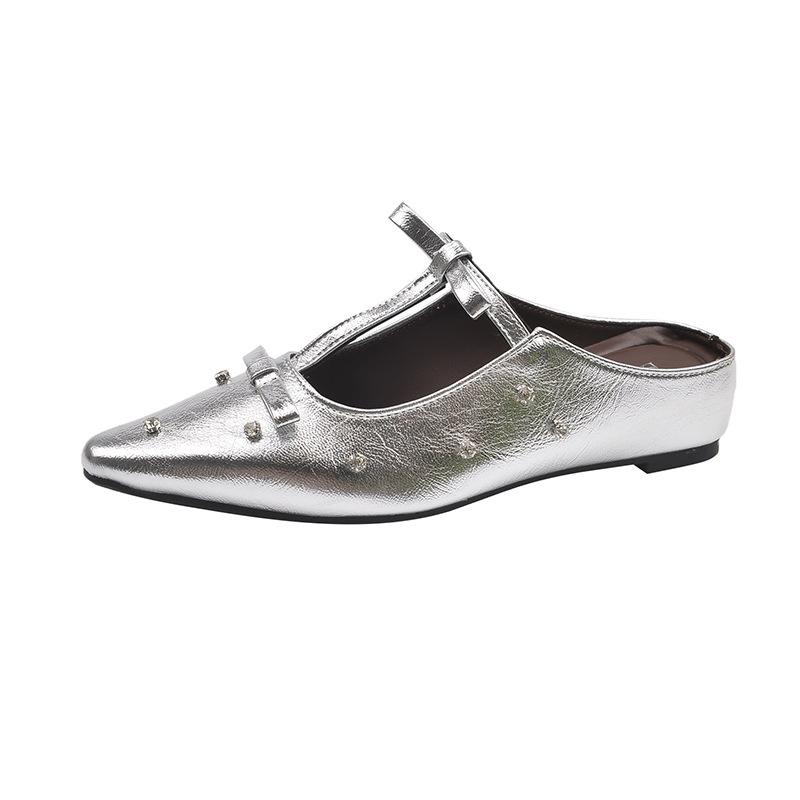 

2025 summer new French pointed rhinestone bow single shoes women s summer wear fashion flat bottom gentle half slippers women 35
