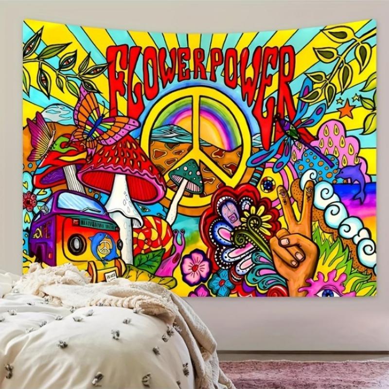 Arazzo Hippie Retrò, Stampa Colorata con Simbolo della Pace, Farfalle Arte Psichedelica, Arte da Parete Bohemien per Soggiorno