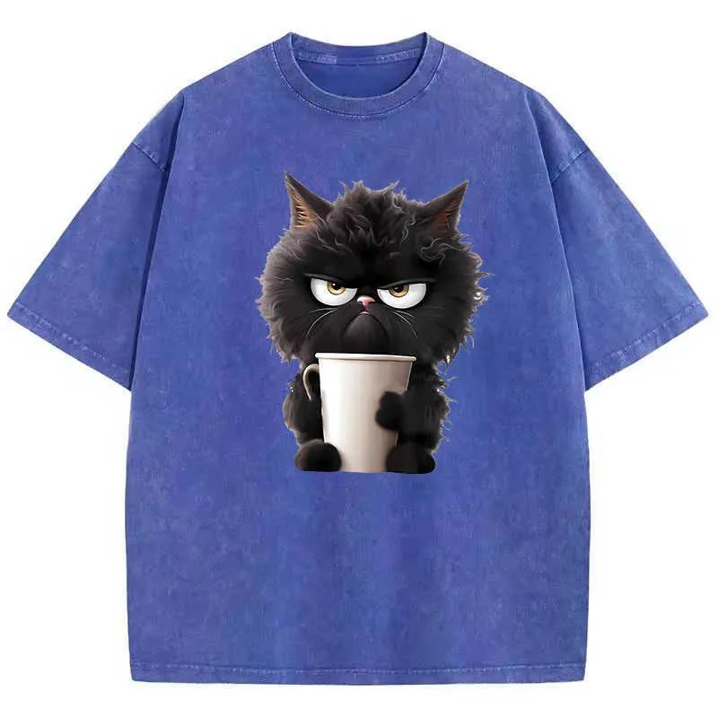T Shirt Vintage Coffee Cat Washed 100 Cotton T-Shirt Graphic Tee Casual Streetwear Spring Summer L260527