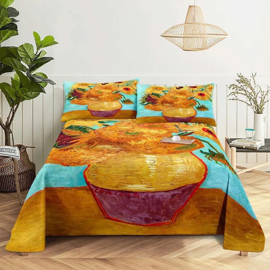 Sunflower Bed Sheet Sets Bouble Single Beds Flower Bedsheet with Pillow Case Full Queen Size 2pcs 3pcs 3D Soft Thin Fabric Home