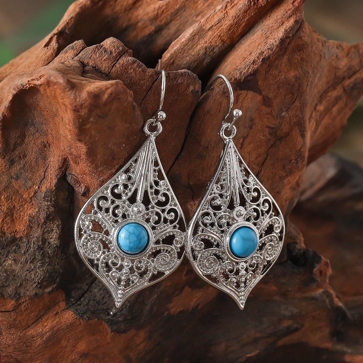Bohemian Retro Turquoise Floral Carving Earrings