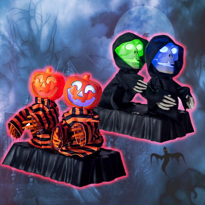 Colorful Light-up Pumpkin And Skeleton Duo Animated Sound Effects Halloween Decor