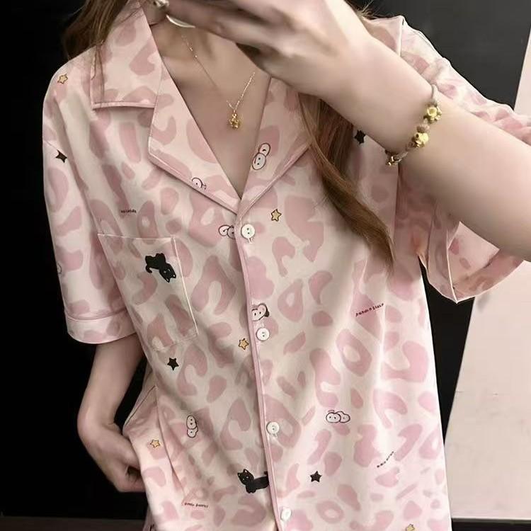 Pure desire wind pink leopard print pajamas women's summer short-sleeved shorts cardigan suit girl casual can wear loungewear