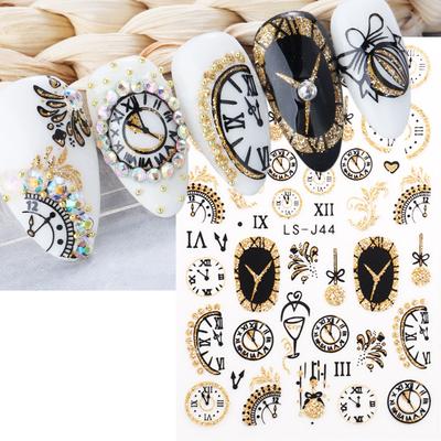Countdown-Uhr-Design, Champagnerkugeln, glänzende Glitzerschieber für 3D-Nagelaufkleber, abstrakte Herbst-Nageldekorationen
