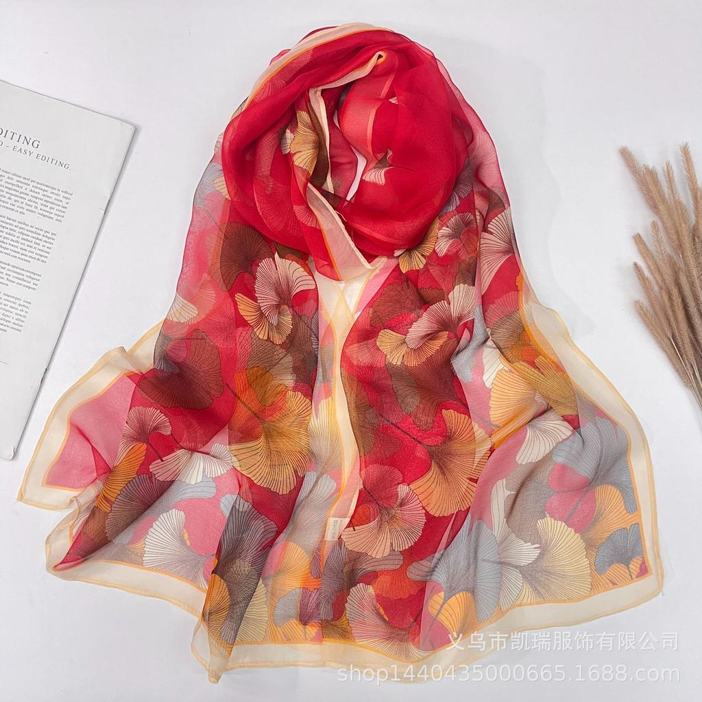 Neuer Sonnenschutz Langer Seidenschal Mohnblume Dünne Imitationsseide Frühling und Sommer Georgette Dekoration Damen Bedruckter Schal