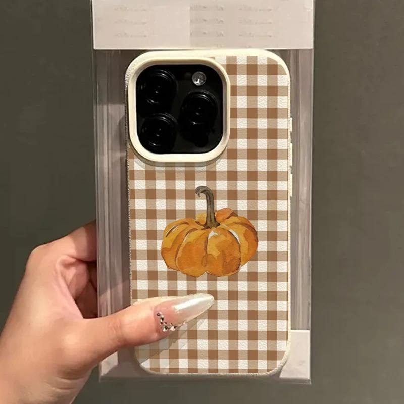 Checkered Pumpkin Personalized Mobile Phone Case For iPhone 16 Pro Max 15 Plus 14 13 12 11 17 Air XS XR X Faux Leather Cover