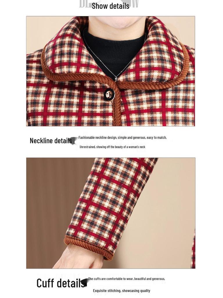 Mom's Warm Plaid Velvet-Enhanced Winter Coat for Mid-Aged Women