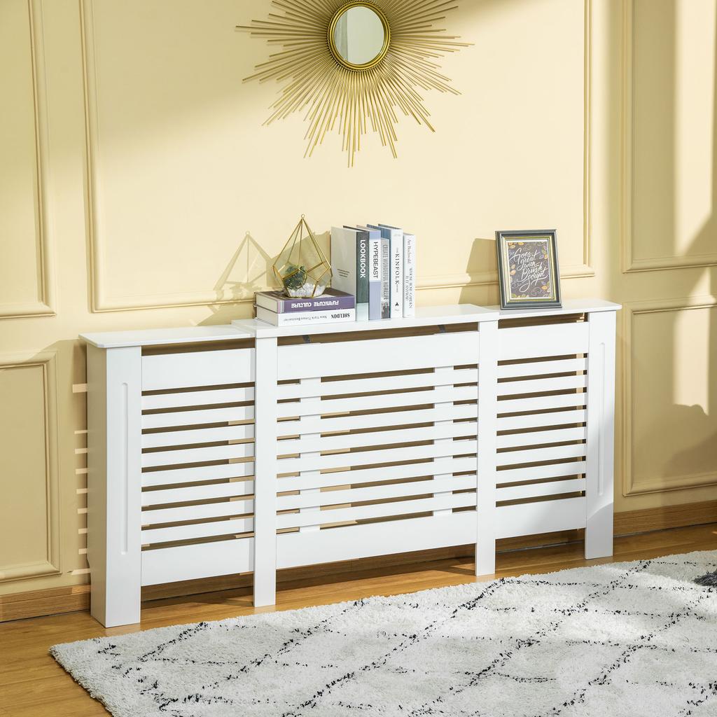 Radiator Cover Furniture Adjustable Width and Upper Shelf In MDF and Wood, 140-202x19x82.5cm, White