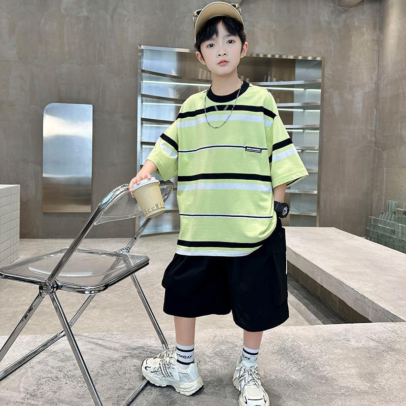 Boys Korean Style Striped Short-Sleeve & Shorts Set - Medium/Large Loose Fit Summer Sportswear 170 cm