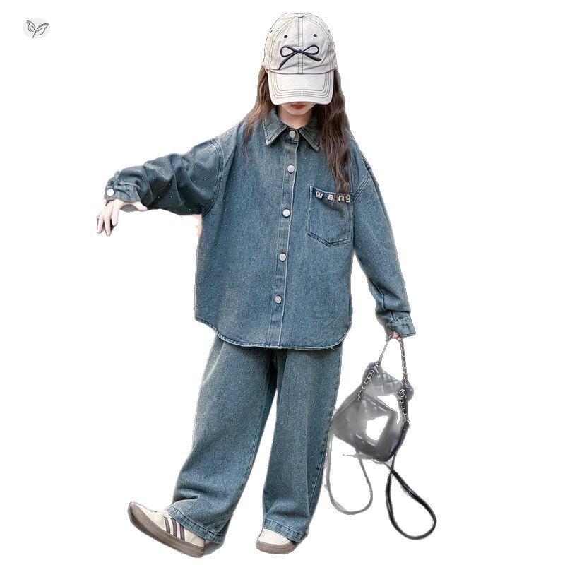 Rhinestone Denim Set voor Meisjes: Stijlvol Shirt & Wijde Broek voor Lente & Herfst (2026)