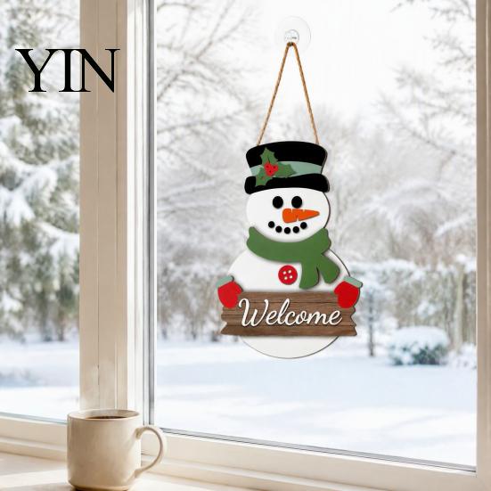 Christmas Tree Wall Decoration 2D Wooden Welcome Hanging Sign, Cartoon Santa Snowman Xmas Party Decor Door Hanger with Rope, Porch Front Holiday