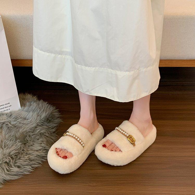 

Pearl fluffy slippers women wear 2025 autumn new thick bottom Internet celebrity fluffy cotton mop home indoor floor mop 40
