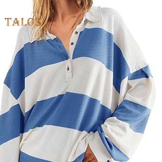 Dammode Färgblockrandig Sweatshirt Nedvikt Krage Lång Ärm Knappar Lös Pullovertopp Casual Hemmakläder Sportkläder