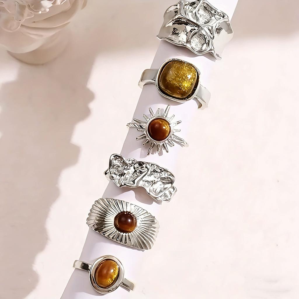 IF ME 6 Pieces/set of Retro Trendy Pleated Geometric Rings, Women's Irregular Aesthetic Jewelry Accessories