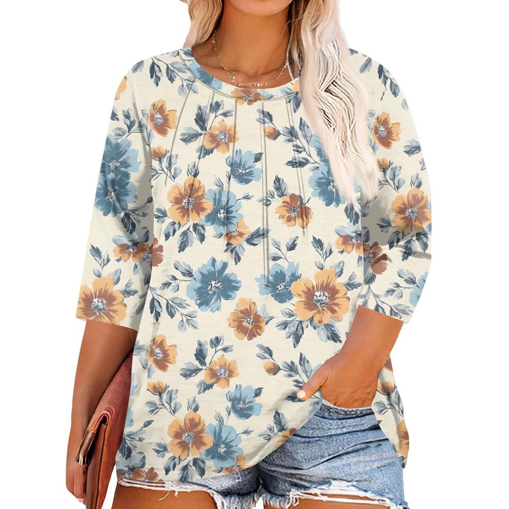 Women's Print Round Neck Plus Size Tops 3/4 Sleeves Elegant Shirt Tops