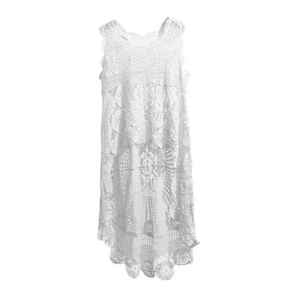 

Летний женский жилет с ажурным кружевом, без рукавов, с круглым вырезом, однотонный, неровный подол, короткий спереди и длинный сзади, свободный ретро-пуловер, повседневный One Size белый