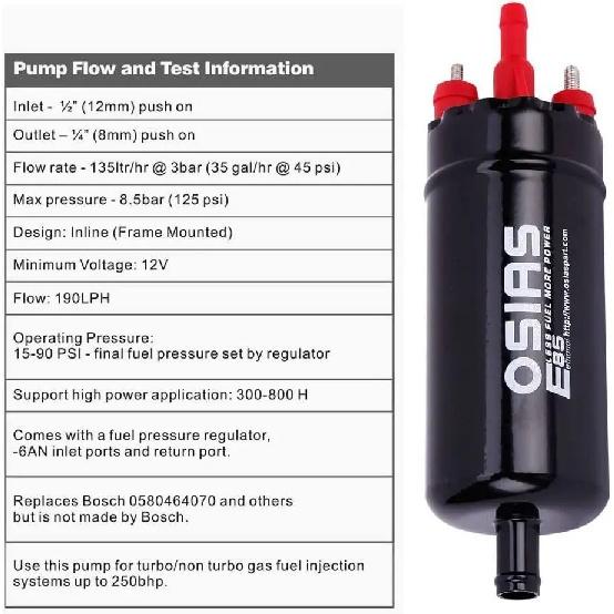 OSIAS EFI Inline Electric Fuel Pump E10009 For Bosch 0580464070B BMW & 3 BAR DRUCK 12VALFA ROMEO BMW OPEL RENAULT SEAT