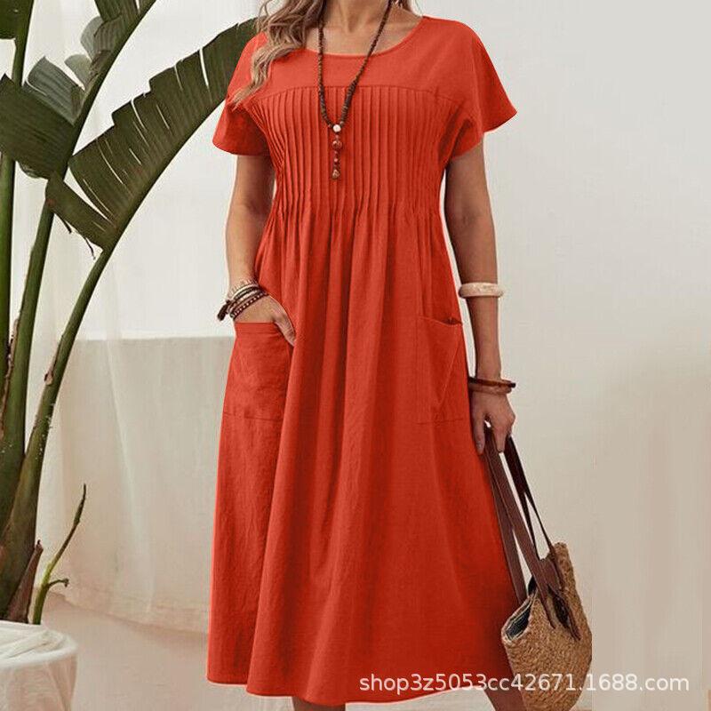 Nouvelle robe d'été grande taille pour femme, décontractée, col rond, avec poches, coupe ample, en coton et lin