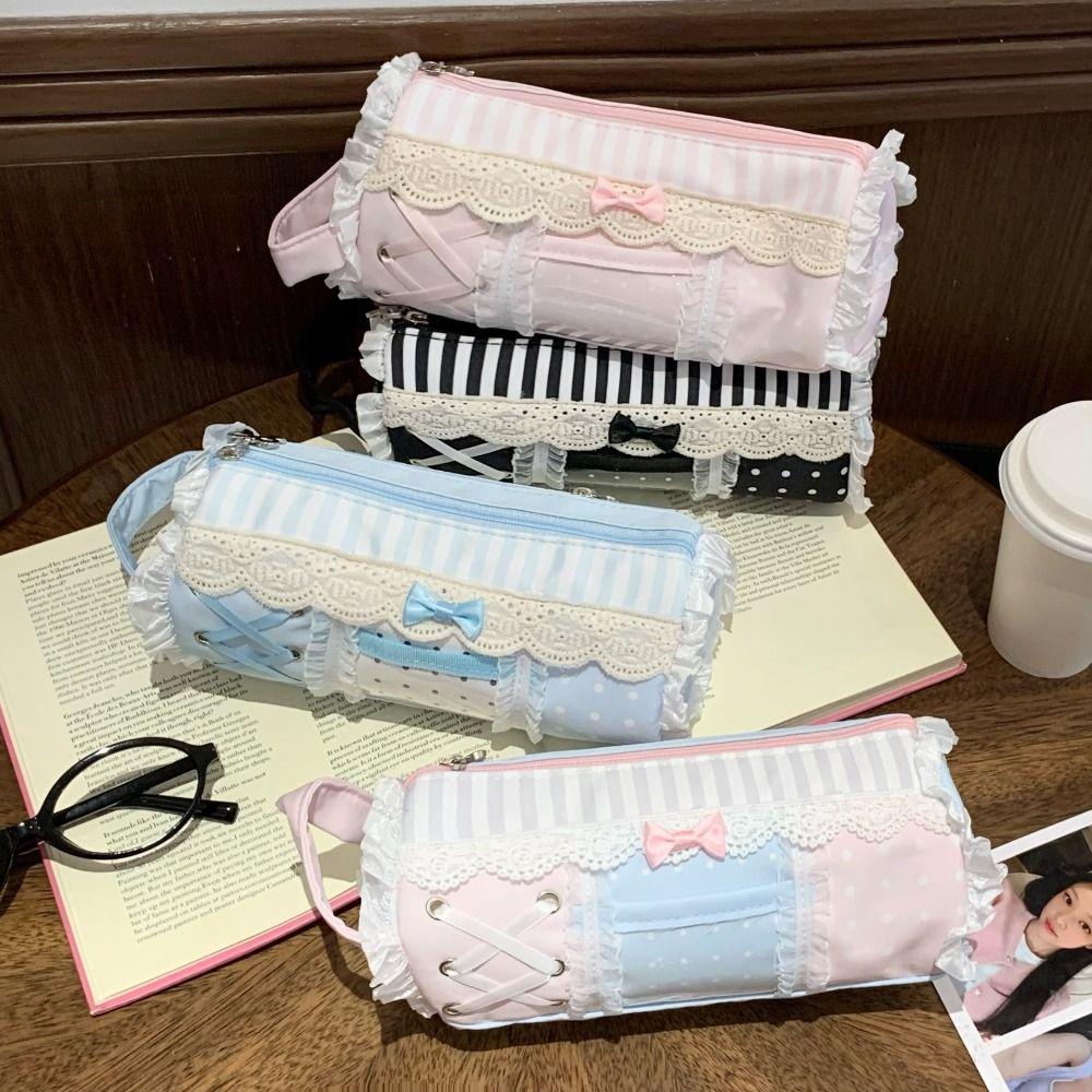 Large Capacity Lace Pencil Case Bow Makeup Bag Polka Dot Pencil Storage Bag Award Gifts
