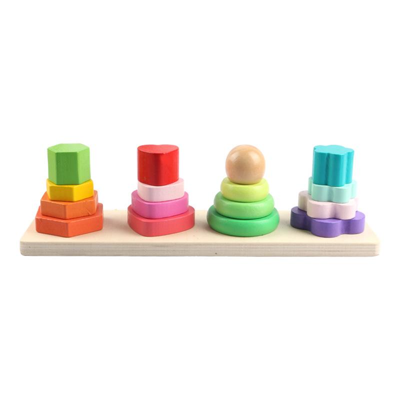 Wooden Geometric Column Set Children'S Montessori Early Education Cognitive Building Block Pairing Smart Five-Pillar Toy
