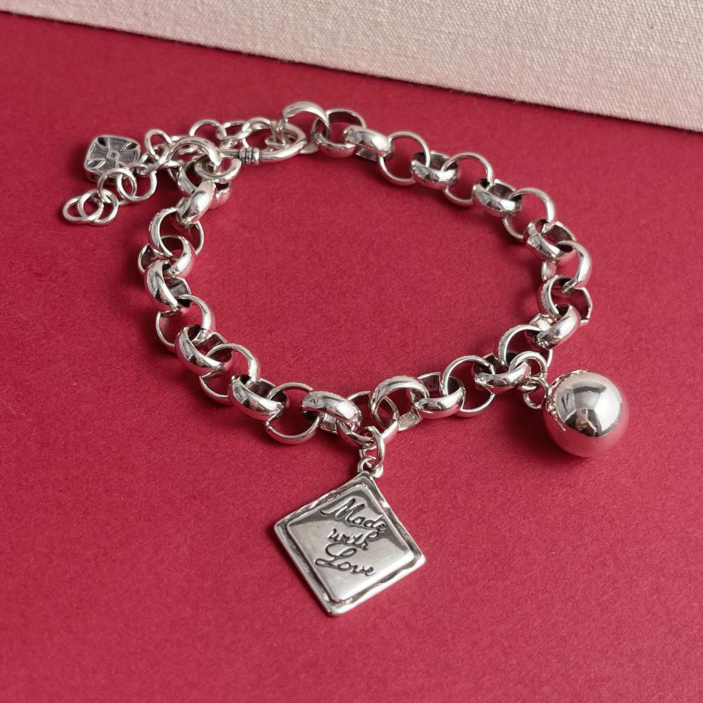 100% Solid 925 Sterling Silver Retro Bracelet for Women Men Vintage Handmade Letters Ball Simple Bracelet Birthday Gift