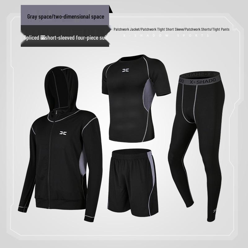 

Men s Summer Quick-Dry Fitness Clothing Set: Casual Four-Piece Tight-Fit Running Training Gear Small