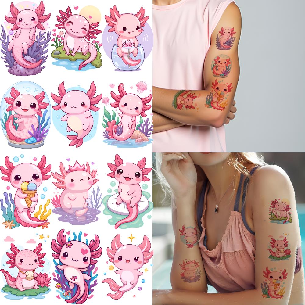 28pcs Temporary Tattoo Cartoon Axolotl Cartoon Cute Axolotl Temporary Tattoo Stickers For Arms Shoulders Adults