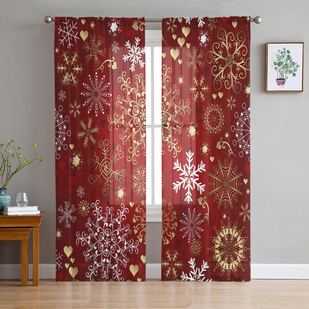 Christmas Snowflake Red Sheer Curtains for Living Room Decoration Window Curtains for Kitchen Tulle Voile Organza Curtains