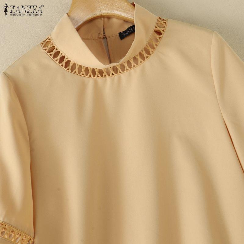 ZANZEA Women Summer Casual Mock Neck Loose Half Sleeve Blouse