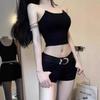 Trendy Women's Black Denim Low-Waist A-line Shorts, Summer 2025 Korean Style