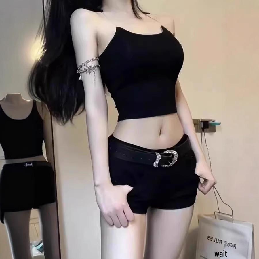 Trendy Women's Black Denim Low-Waist A-line Shorts, Summer 2025 Korean Style
