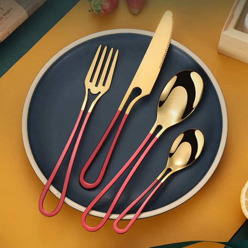 4-teiliges Edelstahl-Besteckset mit hohlen Griffen Westlicher Löffel Dessertgabel Steakmesser Besteckset Geschirr Küchenutensil